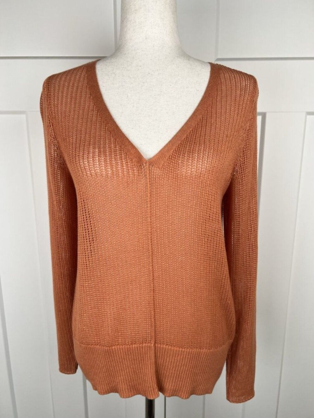 Eileen Fisher Open Knit Sweater Small Pumpkin Spice Lyocell Merino Wool Pullover